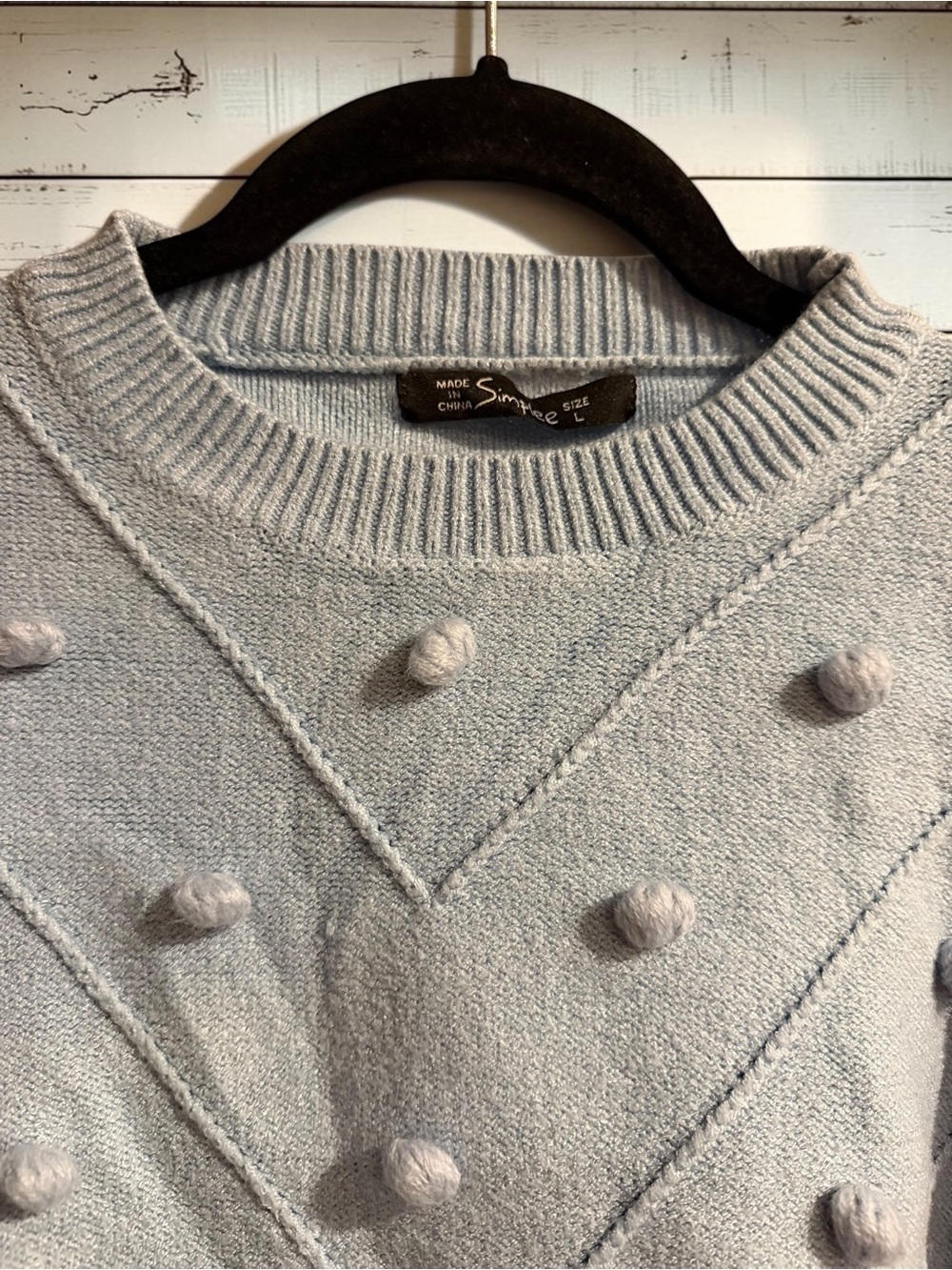 Simplee Pom Pom Sweater Sz L Light Blue Grey Textured Knit Bishop Sleeve Cozy - Picture 5 of 6